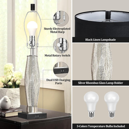 Black Bedside Table Lamps Set of 2 - USB-A & USB-C Charging, 3-Color LED | Modern Glass Nightstand Lamp