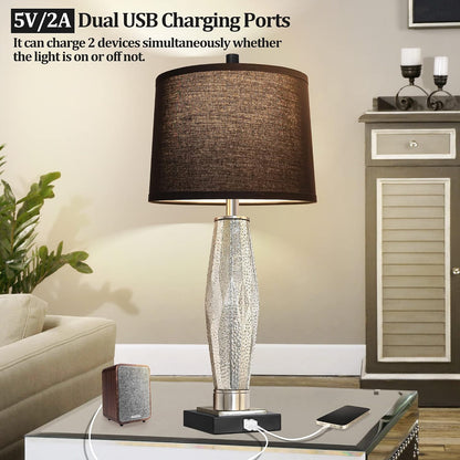 Black Bedside Table Lamps Set of 2 - USB-A & USB-C Charging, 3-Color LED | Modern Glass Nightstand Lamp