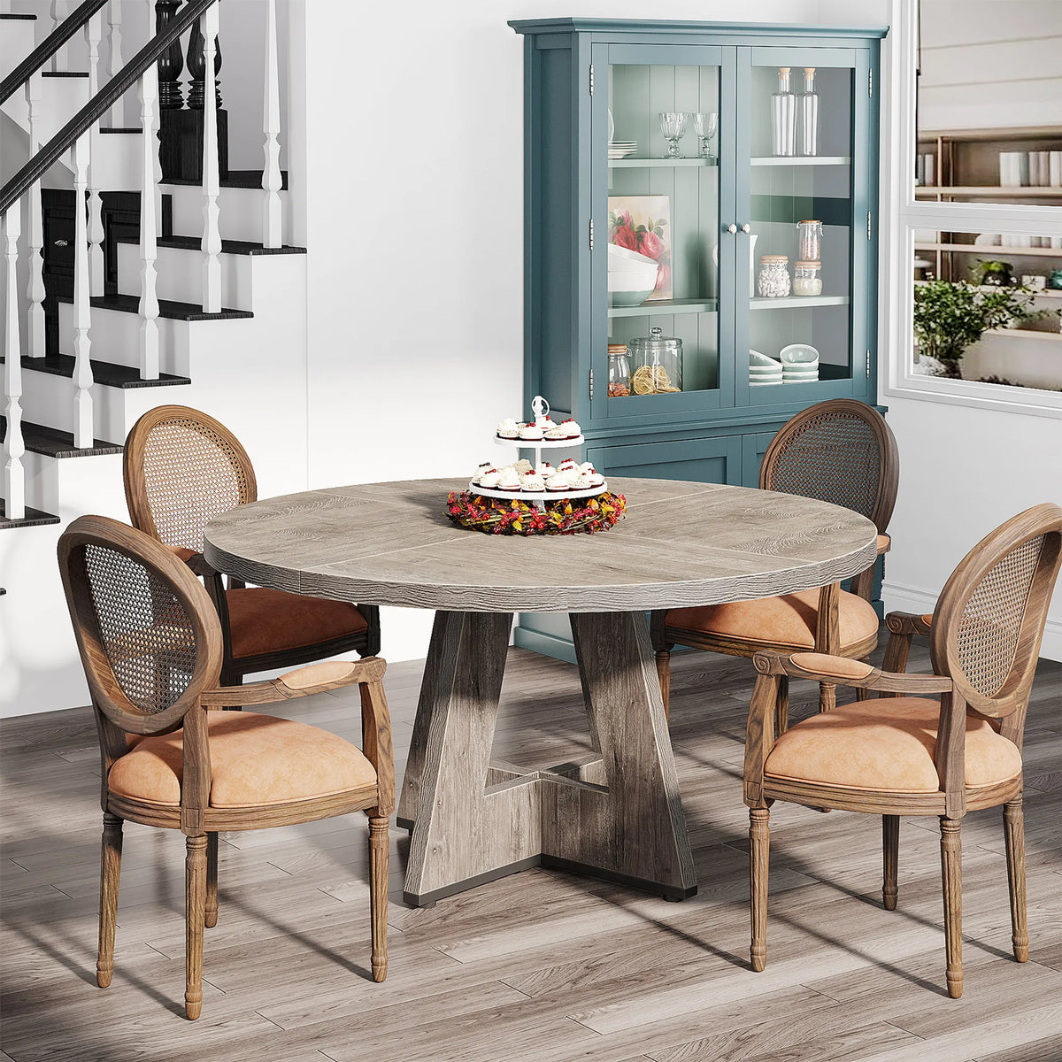 Round Dining Table for 4-6, 47" Kitchen Table with Pedestal Base and Thick MDF Top, Grey