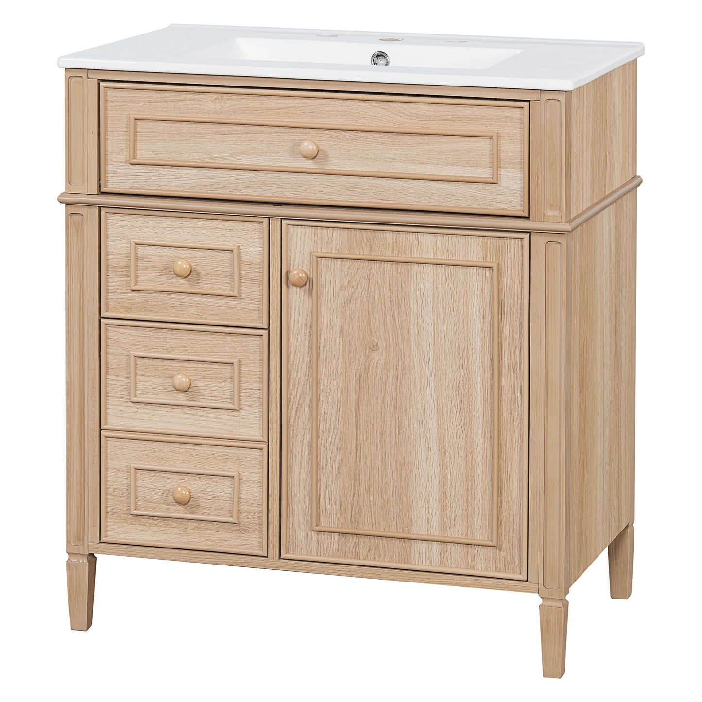 30" Bathroom Vanity with Sink - Light Oak, Solid Wood & MDF, Soft-Close Drawers & Door