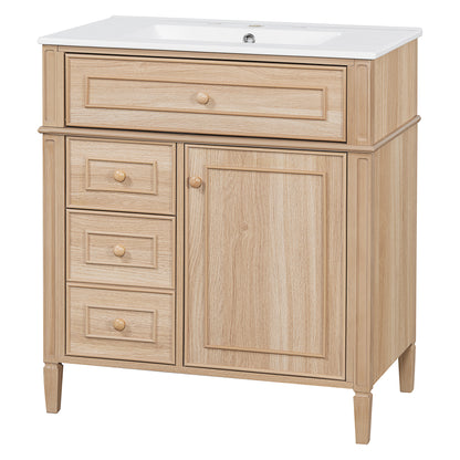 30" Bathroom Vanity with Sink - Light Oak, Solid Wood & MDF, Soft-Close Drawers & Door