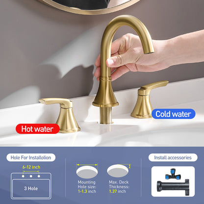 Bathroom Stainless Steel Faucets For Sink 3 Hole Brushed Gold 8 Inch Widespread Bathroom Sink Faucet Double Lever Handle Faucet Bathroom Vanity Faucet Basin Mixer Tap Faucet With Pop-Up Drain