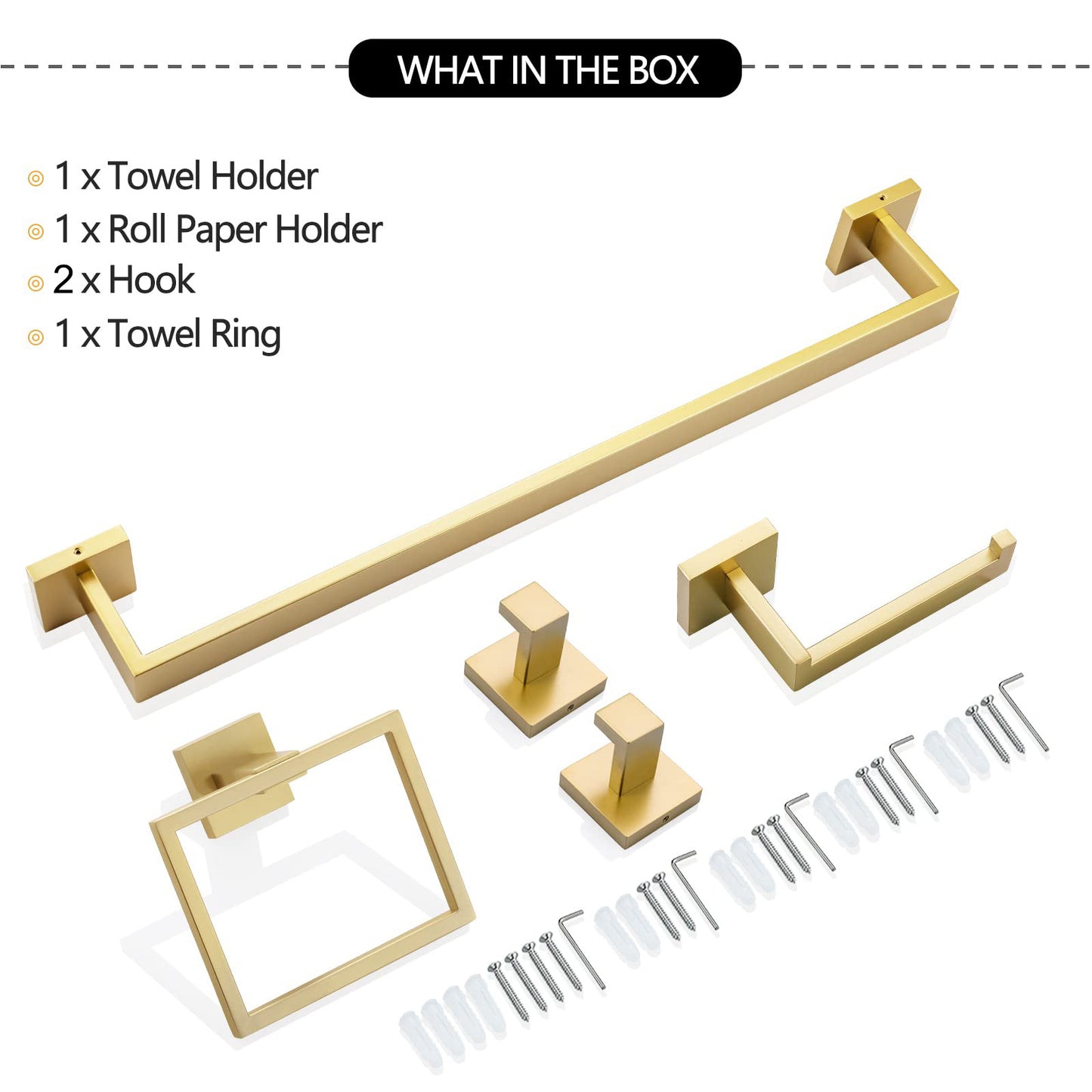 5 Pieces Bathroom Hardware Accessories Set Towel Bar Set Wall Mounted,Stainless Steel, Brushed Gold