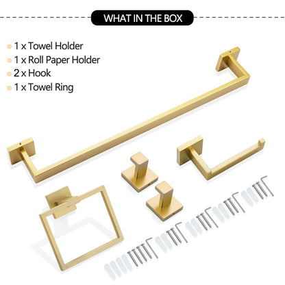 5 Pieces Bathroom Hardware Accessories Set Towel Bar Set Wall Mounted,Stainless Steel, Brushed Gold