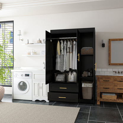 Shaker Style Classic Three-Door Wardrobe, Wood Bedroom Armoire With Hanging Rod And Shelves, Spacious Storage Closet, Modern Farmhouse Design, Black