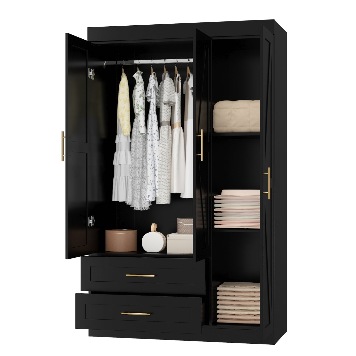 Shaker Style Classic Three-Door Wardrobe, Wood Bedroom Armoire With Hanging Rod And Shelves, Spacious Storage Closet, Modern Farmhouse Design, Black