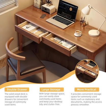 47" Solid Wood Desk with 2 Drawers - Mid-Century Modern Home Office Desk for Small Spaces, Walnut