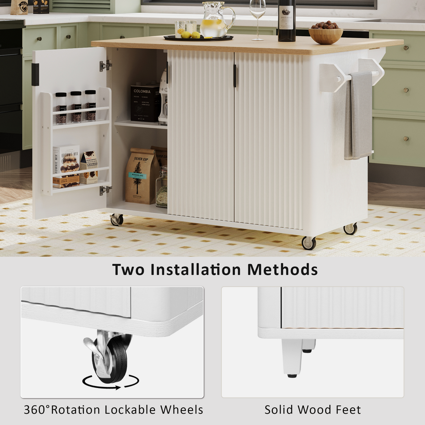 51" Fluted Kitchen Island with Drop Leaf, Rolling Kitchen Cart with Internal Storage Rack and Towel Rack, White