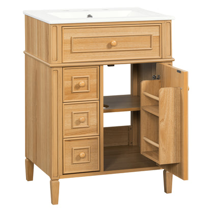 Bathroom Vanity With Sink, Wood Vanity Cabinet With Flip-Out Drawer, 2 Soft-Close Drawers, 1 Soft-Close Door, Solid Wood & MDF, Elegant Wood Handles, Warm Oak