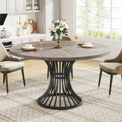Round Dining Table for 4-6, 46.85" Industrial Kitchen Table with Wood Grain Top and Metal Base, Grey