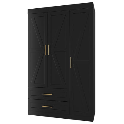 Shaker Style Classic Three-Door Wardrobe, Wood Bedroom Armoire With Hanging Rod And Shelves, Spacious Storage Closet, Modern Farmhouse Design, Black