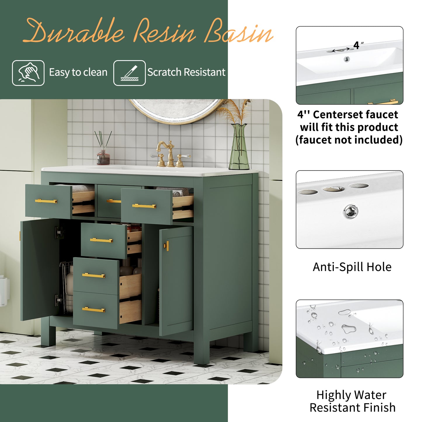 36'' Bathroom Vanity With Ceramic Sink Combo Set, Modern Freestanding Single Bathroom Cabinet With 4 Drawers & 2 Cabinets,Storage Cabinet For Bathroom, Solid Wood Frame Vanity Set, Green
