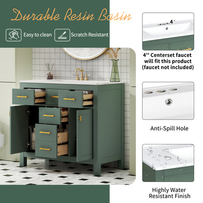 36'' Bathroom Vanity With Ceramic Sink Combo Set, Modern Freestanding Single Bathroom Cabinet With 4 Drawers & 2 Cabinets,Storage Cabinet For Bathroom, Solid Wood Frame Vanity Set, Green