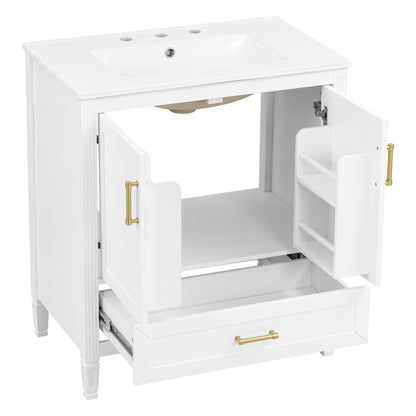 Elegant Fluted Bathroom Vanity With Ceramic Sink, Single Box Shipping, Solid Wood Legs, Soft-Close Doors & Drawer, Door Shelf, White