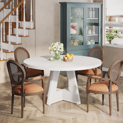 Round Farmhouse Dining Table for 4, 47" Kitchen Table with Metal Frame and MDF Top, White
