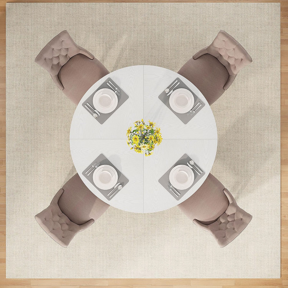 Round Farmhouse Dining Table for 4, 47" Kitchen Table with Metal Frame and MDF Top, White