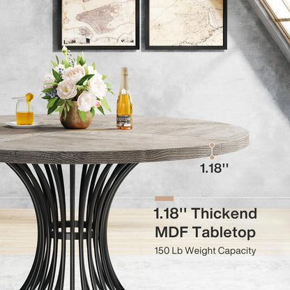 Round Dining Table for 4-6, 46.85" Industrial Kitchen Table with Wood Grain Top and Metal Base, Grey