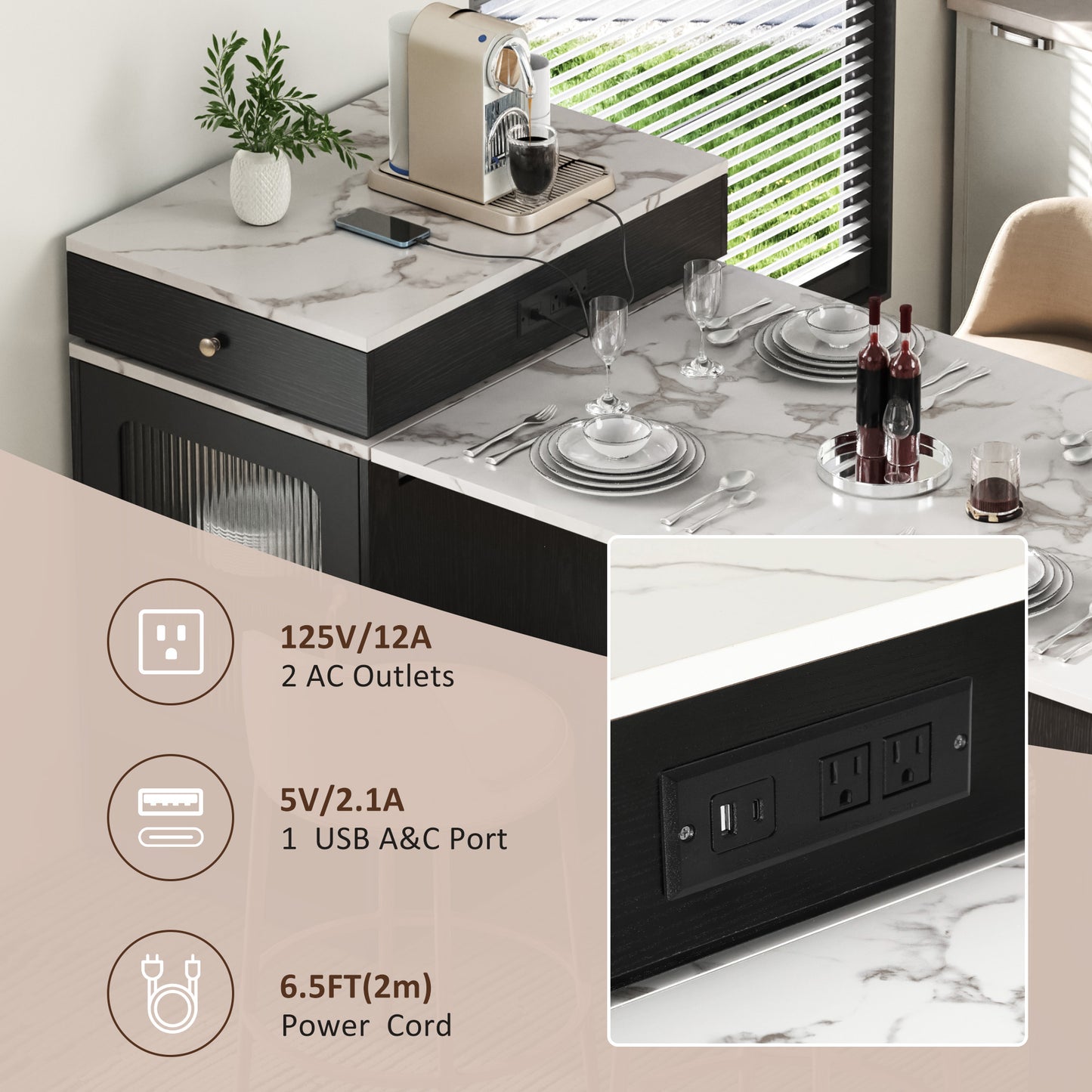 59.5" Kitchen Island with Extendable Dining Table, 2 Drawers, Power Outlet, Double-sided Storage and Open Shelves, Black