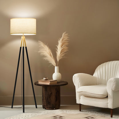 Gold Tripod Floor Lamp - Black Metal Legs, White Fabric Shade, E26