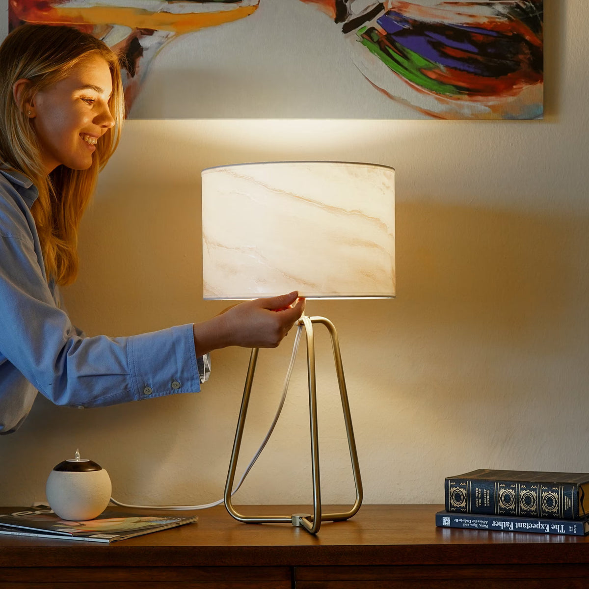 Marble Table Lamp with Bronze Base - Modern Desk Lamp for Bedroom & Living Room