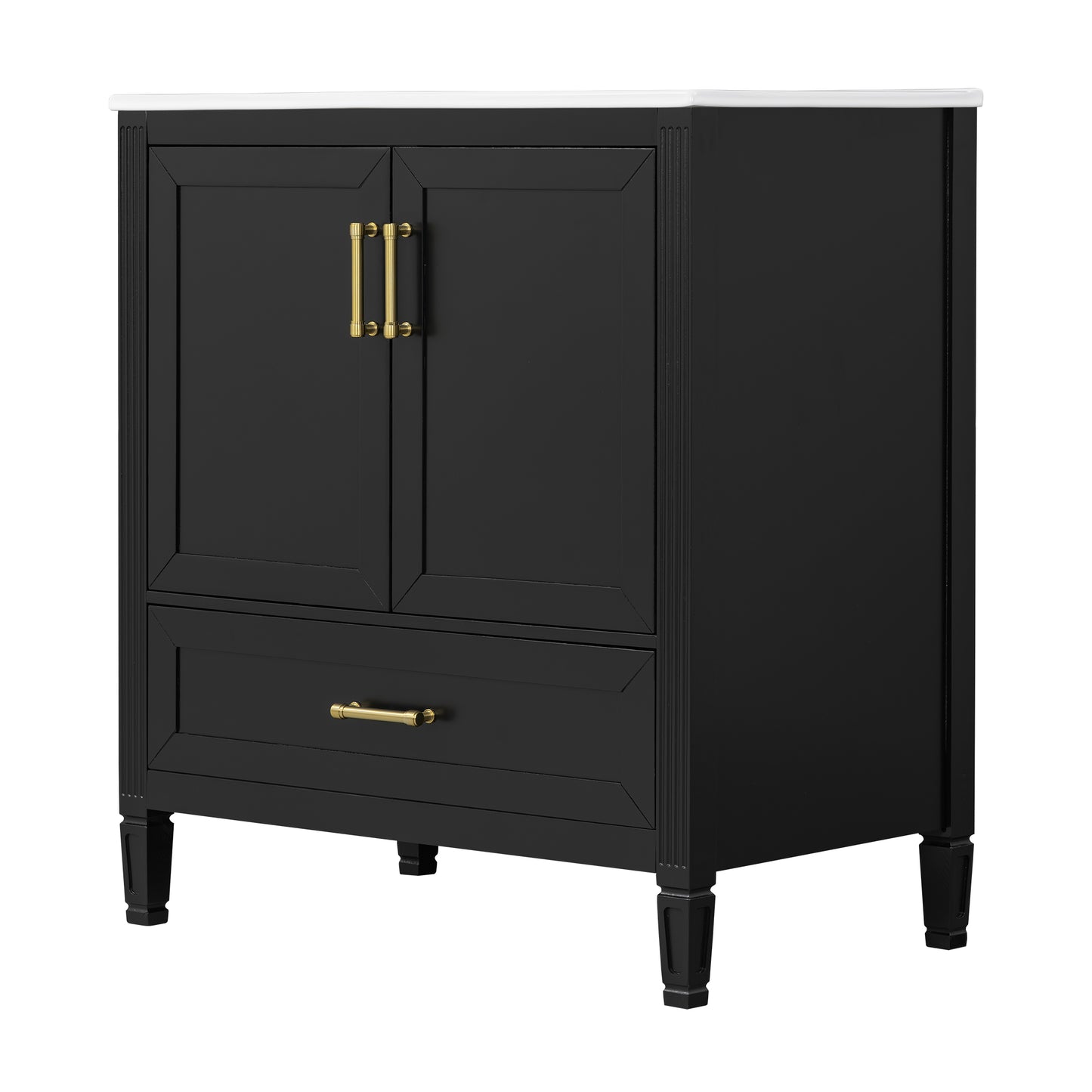 Elegant Fluted Bathroom Vanity With Ceramic Sink, Single Box Shipping, Solid Wood Legs, Soft-Close Doors & Drawer, Door Shelf, Black