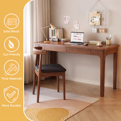 47" Solid Wood Desk with 2 Drawers - Mid-Century Modern Home Office Desk for Small Spaces, Walnut