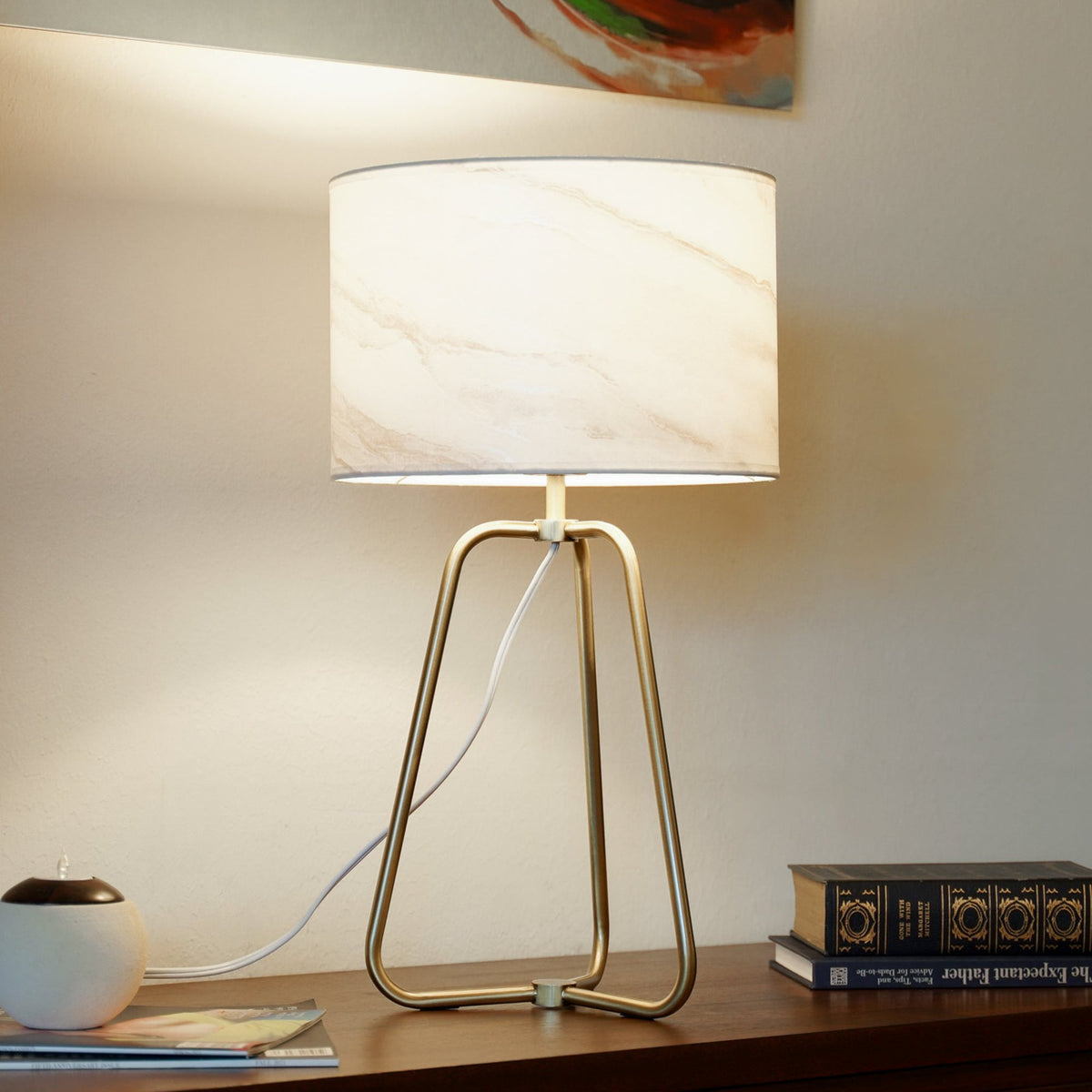 Marble Table Lamp with Bronze Base - Modern Desk Lamp for Bedroom & Living Room