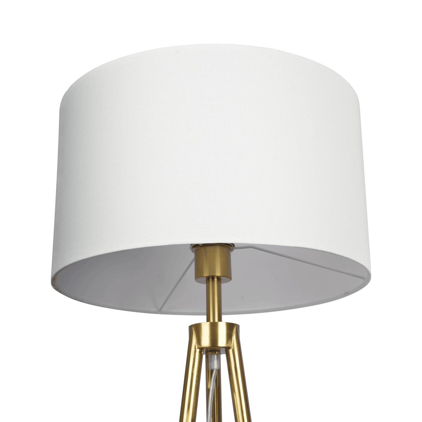 Gold Tripod Floor Lamp - Black Metal Legs, White Fabric Shade, E26