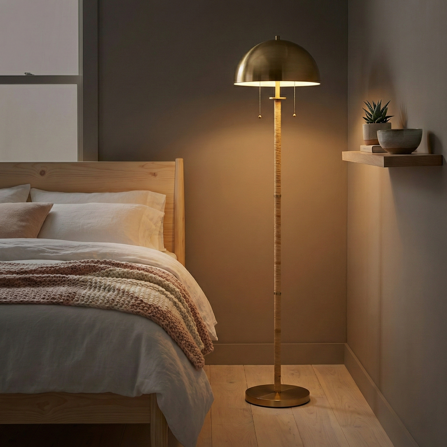 Allure 2-Light Floor Lamp - Gold Brass & Natural Rattan, E26, Pull Chain
