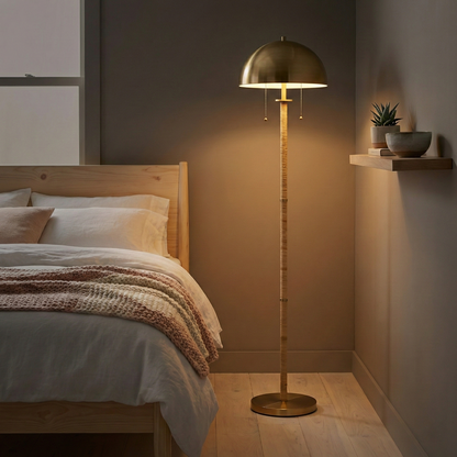 Allure 2-Light Floor Lamp - Gold Brass & Natural Rattan, E26, Pull Chain