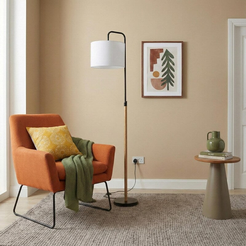 Lior Arc Floor Lamp - 59-Inch, Cylinder Shade, Wooden Pole, E26, Foot Switch, Black