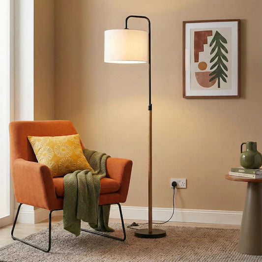 Lior Arc Floor Lamp - 59-Inch, Cylinder Shade, Wooden Pole, E26, Foot Switch, Black