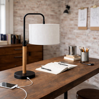 Modern Desk Lamp - Metal & Wood Table Lamp with Cylinder Shade, E26, 110V
