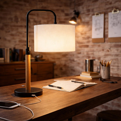 Modern Desk Lamp - Metal & Wood Table Lamp with Cylinder Shade, E26, 110V