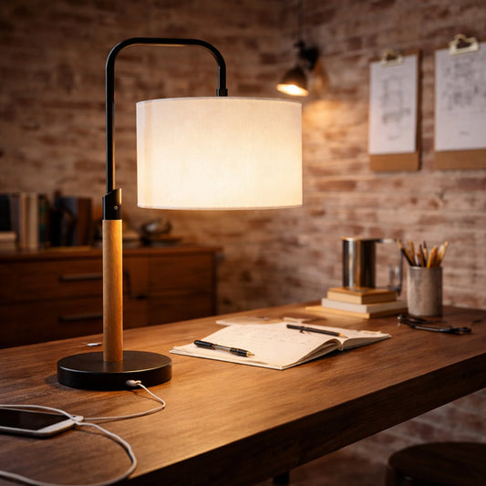 Modern Desk Lamp - Metal & Wood Table Lamp with Cylinder Shade, E26, 110V