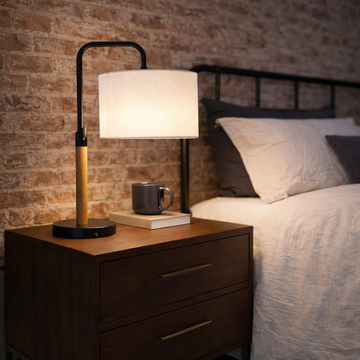 Modern Desk Lamp - Metal & Wood Table Lamp with Cylinder Shade, E26, 110V