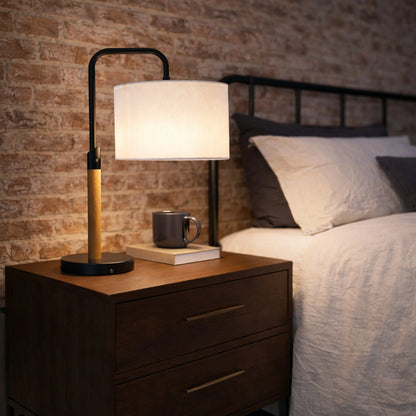 Modern Desk Lamp - Metal & Wood Table Lamp with Cylinder Shade, E26, 110V