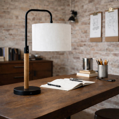 Modern Desk Lamp - Metal & Wood Table Lamp with Cylinder Shade, E26, 110V