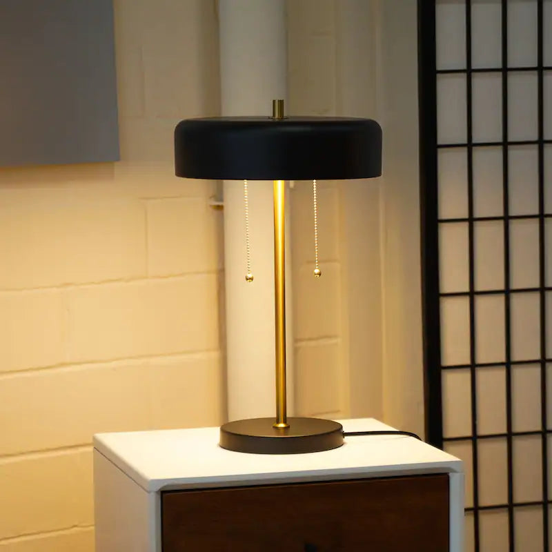Black and White Drum Shade Table Lamp - Modern Bedside Lamp with Pull Chain Switch, E26