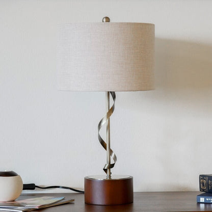 Solid Wood Table Lamp with Twisted Metal Stem and Linen Shade - Bedside Nightstand Lamp E26