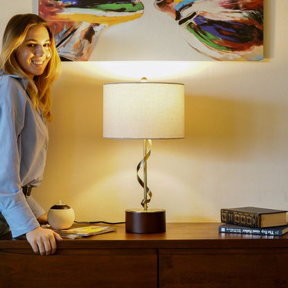 Solid Wood Table Lamp with Twisted Metal Stem and Linen Shade - Bedside Nightstand Lamp E26