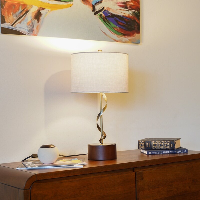 Solid Wood Table Lamp with Twisted Metal Stem and Linen Shade - Bedside Nightstand Lamp E26