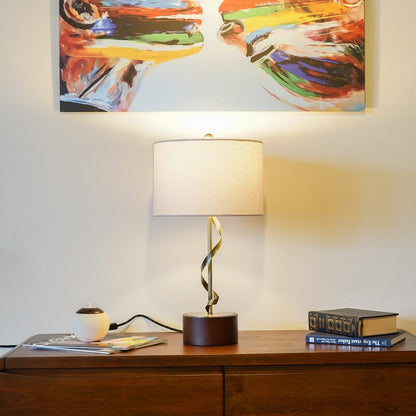 Solid Wood Table Lamp with Twisted Metal Stem and Linen Shade - Bedside Nightstand Lamp E26
