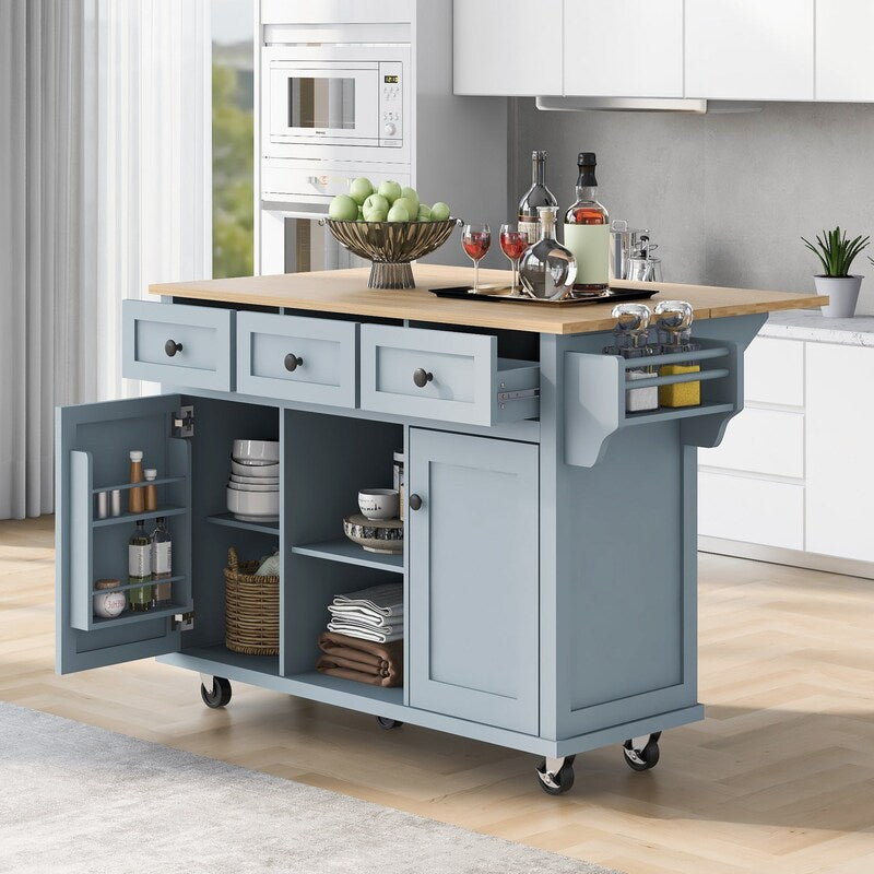 Kitchen Island with Rubberwood Folding Leaf Countertop, 3 Drawers, Cabinet with Interior Shelves and 5 Wheels, Blue