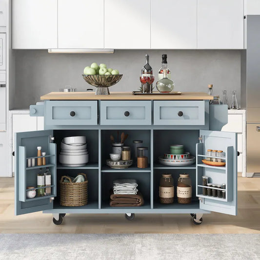 Kitchen Island with Rubberwood Folding Leaf Countertop, 3 Drawers, Cabinet with Interior Shelves and 5 Wheels, Blue