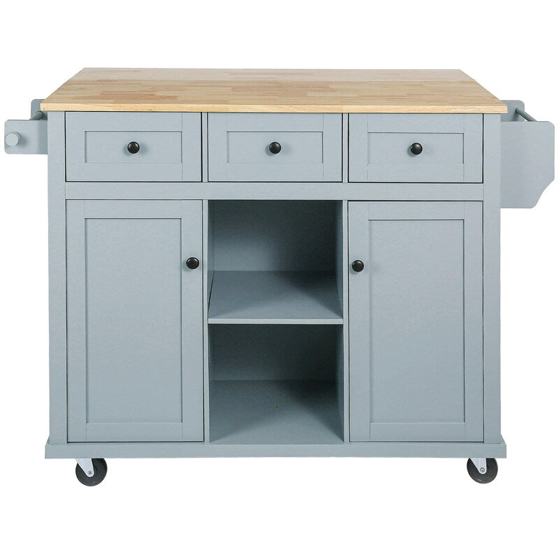 Kitchen Island with Rubberwood Folding Leaf Countertop, 3 Drawers, Cabinet with Interior Shelves and 5 Wheels, Blue