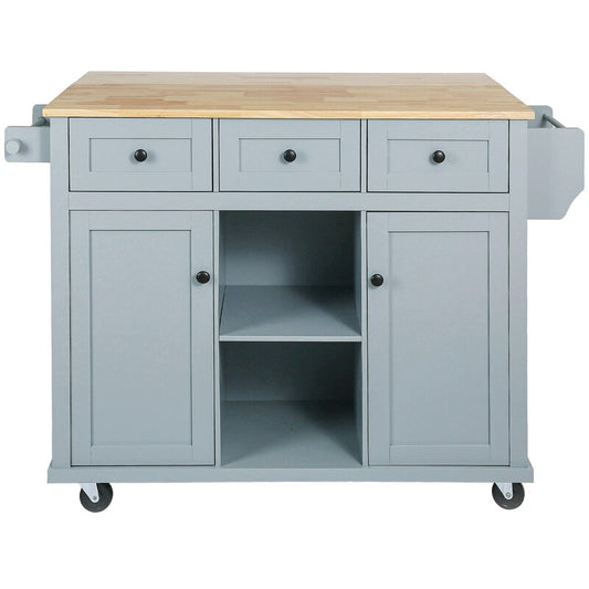Kitchen Island with Rubberwood Folding Leaf Countertop, 3 Drawers, Cabinet with Interior Shelves and 5 Wheels, Blue