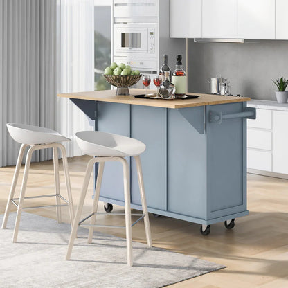 Kitchen Island with Rubberwood Folding Leaf Countertop, 3 Drawers, Cabinet with Interior Shelves and 5 Wheels, Blue