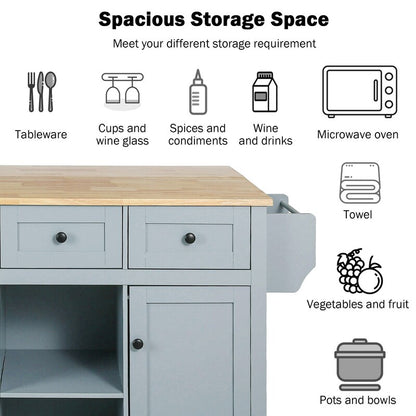 Kitchen Island with Rubberwood Folding Leaf Countertop, 3 Drawers, Cabinet with Interior Shelves and 5 Wheels, Blue