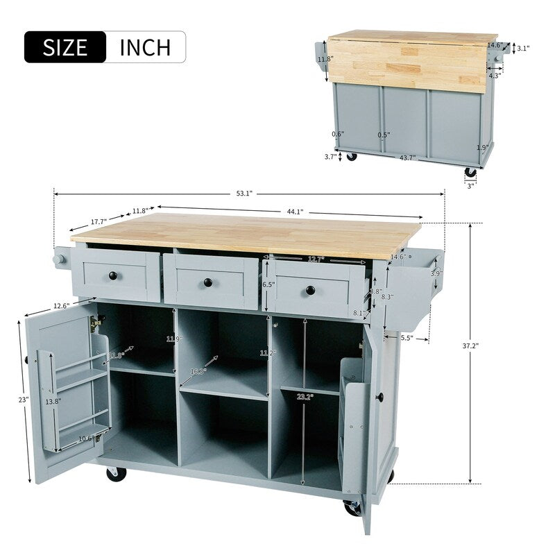 Kitchen Island with Rubberwood Folding Leaf Countertop, 3 Drawers, Cabinet with Interior Shelves and 5 Wheels, Blue